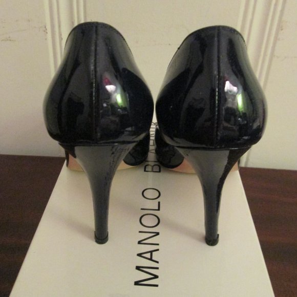 Manolo Blahnik Dark Navy Patent Leather Peep Toe Rhinestone Ball - Picture 4 of 7